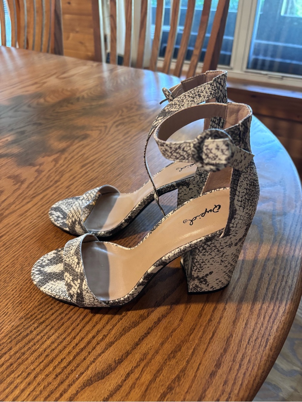 Qupid Snake-Print Ankle Strap Block Heels in Black and Cream